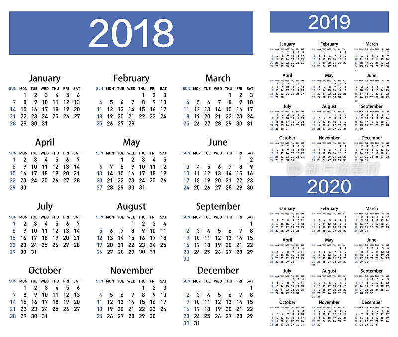 2018 - 2019 - 2020年矢量日历